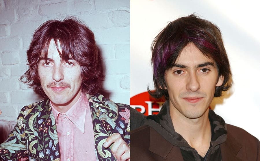 George Harrison holding a drink at a party / Dhani Harrison on the red carpet in 2005