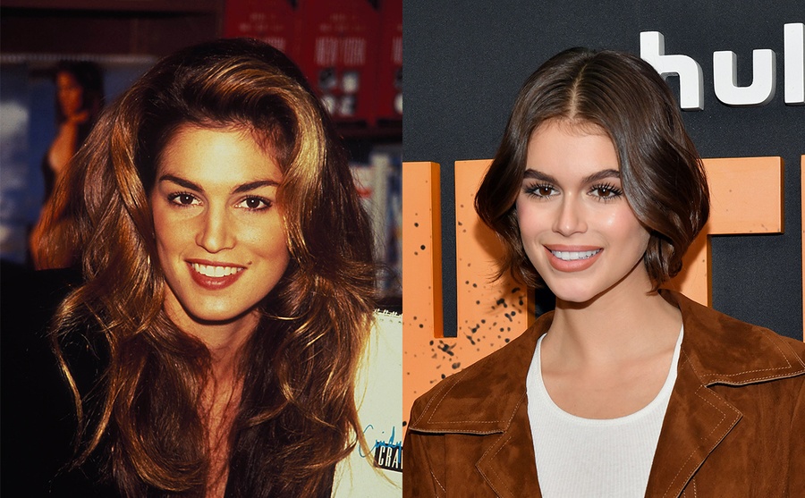 Cindy Crawford posing in 1991 / Kaia Gerber on the red carpet in 2020 