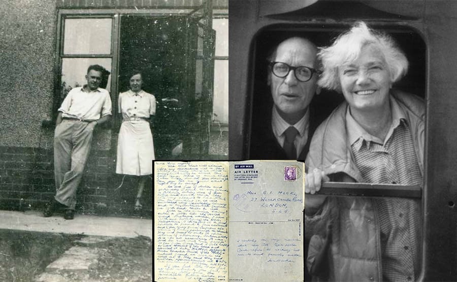 Cyril and Olga Mowforth standing in front of their home / A letter from Chris to Bessie / Chris and Bessie leaning out of a train window