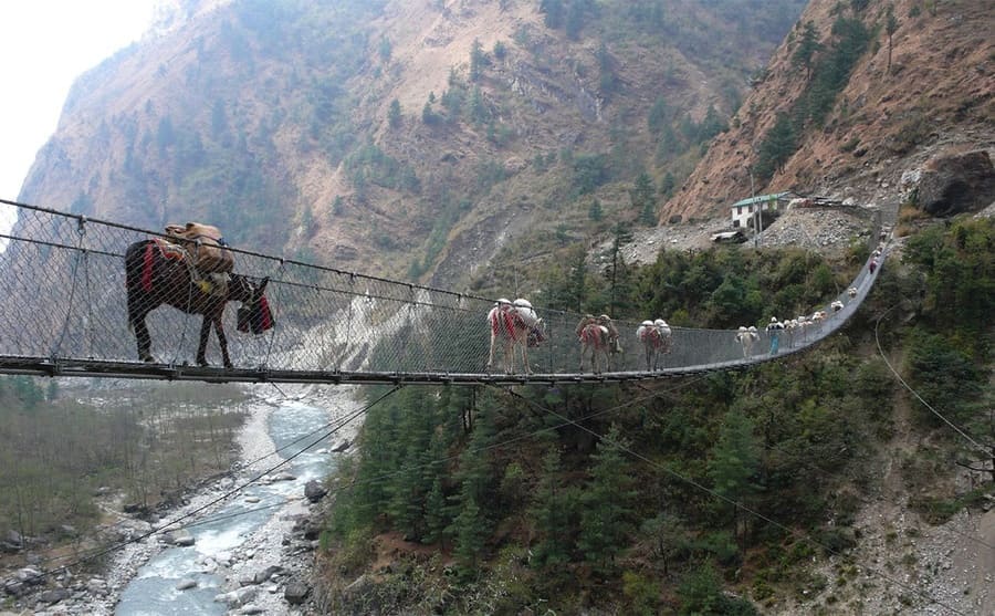 Donkeys crossing the Bridge of Ghasa over a rocky creek 