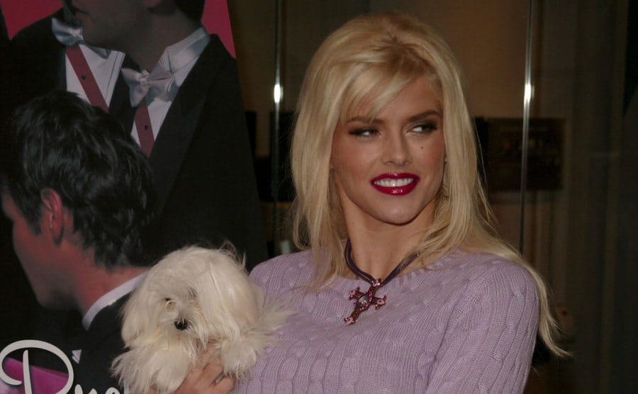 Anna Nicole Smith holding a small do gon the red carpet in 2004 