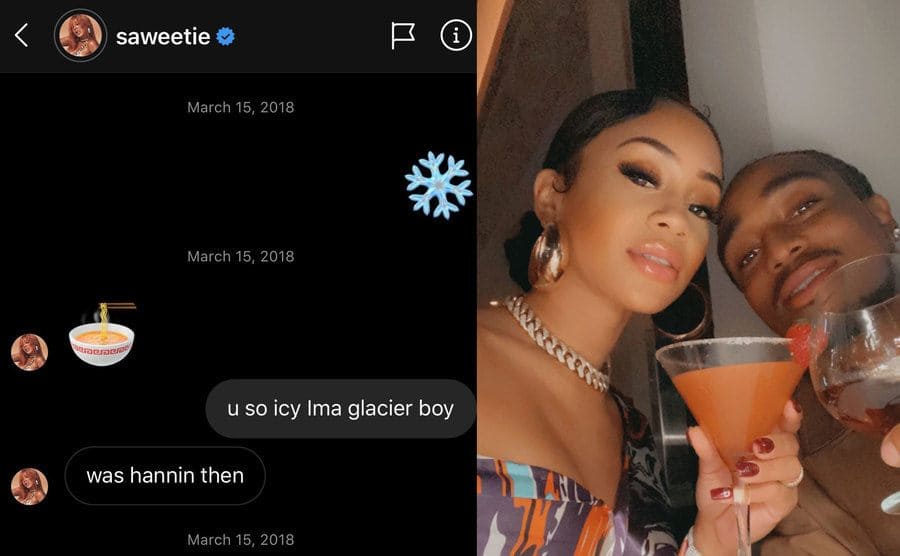 Quavo’s text chain with Saweetie / Quavo and Saweetie having a cheers while taking a selfie 