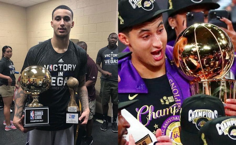Kyle Kuzma in 2017 holding his trophy in the locker room / Kyle Kuzma holding the championship and MVP trophy in 2020 on the court 