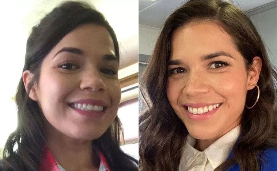 America Ferrera posing for a selfie with half of her hair pulled back / America Ferrera posing on the set of NBC 