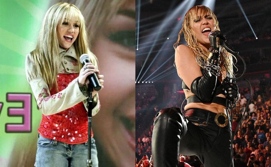 Miley Cyrus singing on stage as Hannah Montana / Miley Cyrus performing in 2019 with leather on 