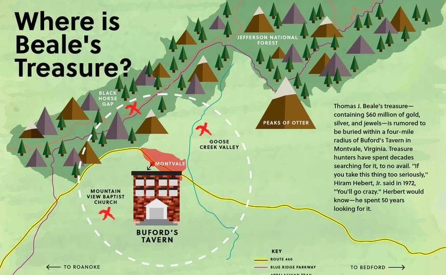A map describing the possibilities for Beale's treasure location