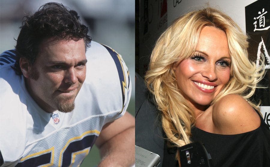 David Binn on the field in uniform kneeling down and biting his lower lip / Pamela Anderson smiling on the red carpet 