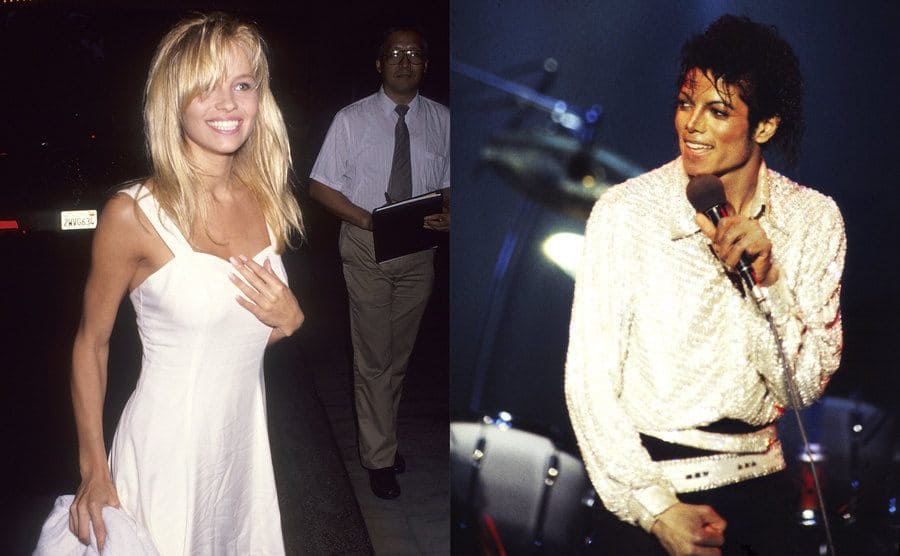Pamela Anderson attending a party in a sleeveless white dress / Michael Jackson performing 