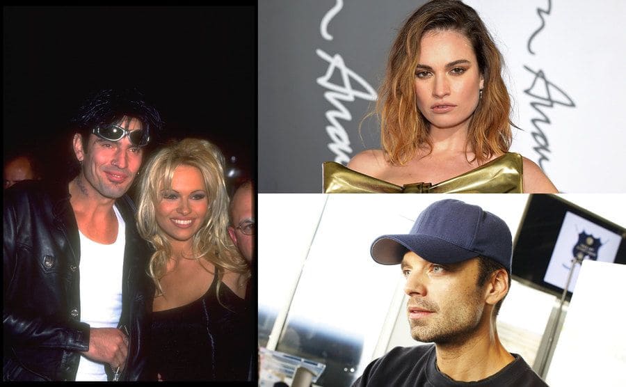 Tommy Lee and Pamela Anderson at the Cannes Film Festival / Lily James wearing a strapless dress with a large gold bow on it on the red carpet / Sebastian Stan wearing a navy-blue baseball hat at an event 