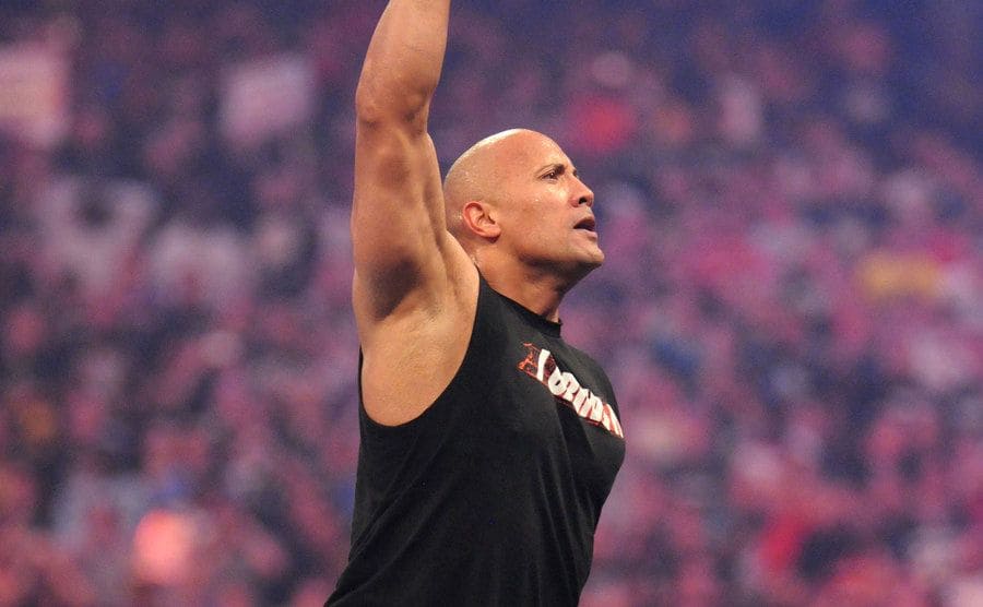 Dwayne Johnson holding his fist up for the crowd from the side of the wrestling ring 