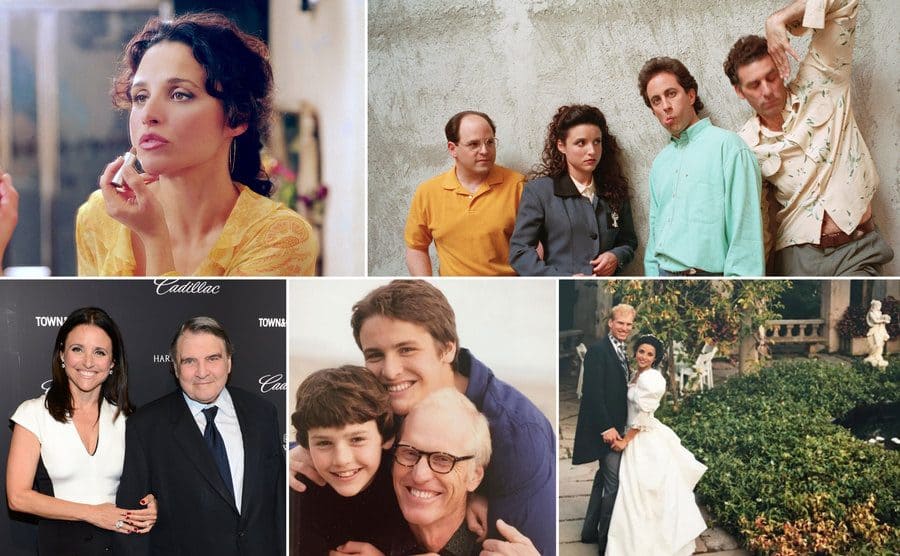 Julia Louis-Dreyfus putting on lipstick in a mirror in the show Watching Ellie / The cast of Seinfeld standing up against a wall / Julia with her father William on the red carpet / Brad Hall with their two sons, Charlie and Henry / Julia Louis Dreyfus and Brad Hall posing on their wedding day 
