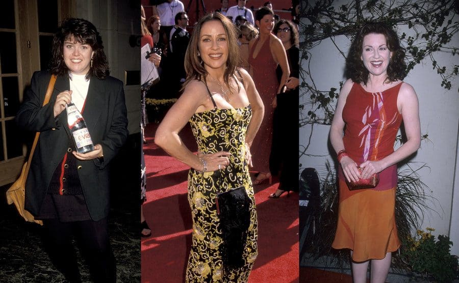 Rosie O’Donnell holding a bottle of Evian water in a hotel lobby / Patricia Heaton on the red carpet in a black dress with yellow floral embroidery / Megan Mullally on the red carpet 