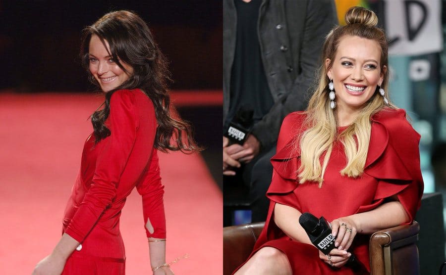 Lindsay Lohan on a carpeted runway wearing a red dress / Hilary Duff sitting in a brown leather chair wearing a red dress 