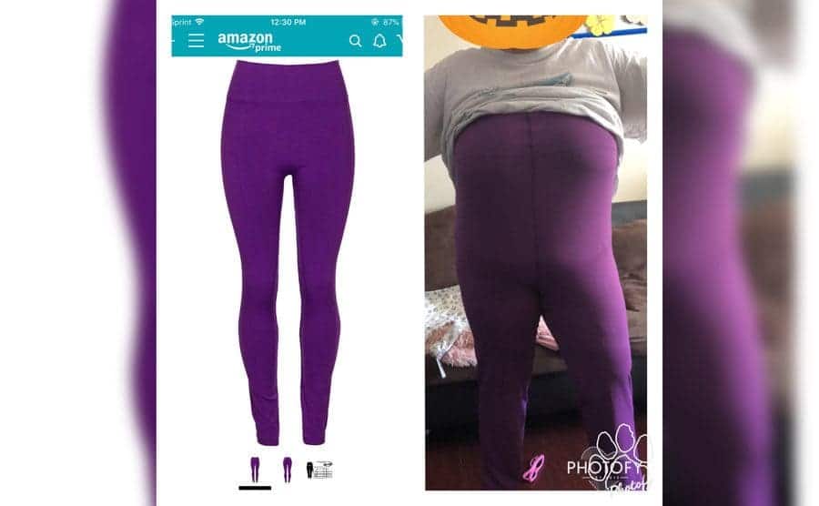 Izquierda: Imagen de Amazon con leggins morados, derecha: persona vistiendo leggins morados hasta el pecho