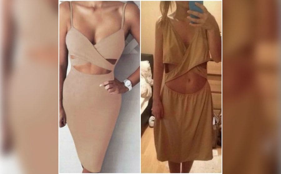 Izquierda: modelo de vestido sexy y ajustado, Derecha: chica usando un vestido del mismo color pero grande y sin forma. 