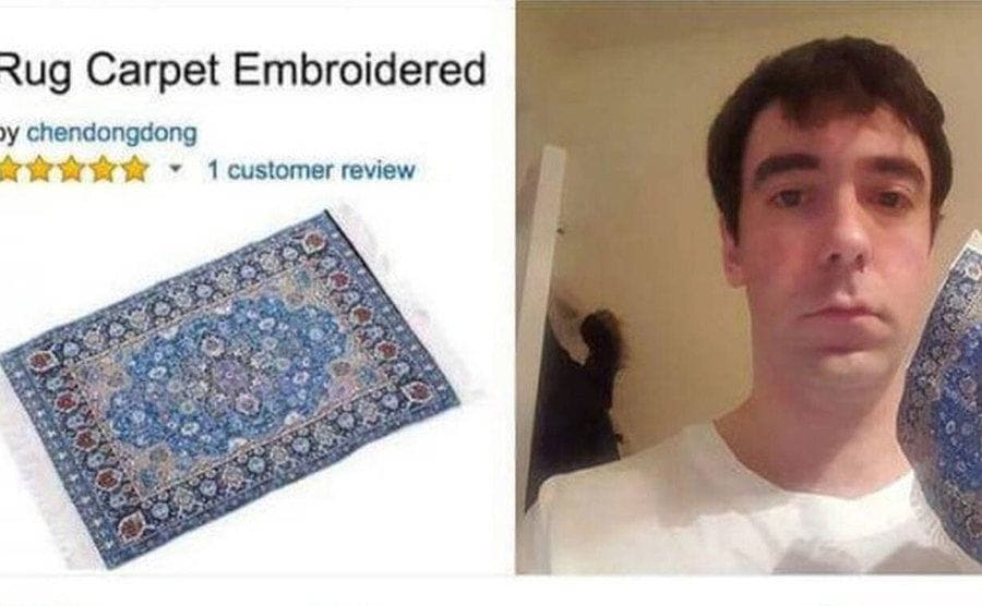 Izquierda: Foto de una alfombra en internet, derecha: chico mostrando una diminuta alfombra en su mano