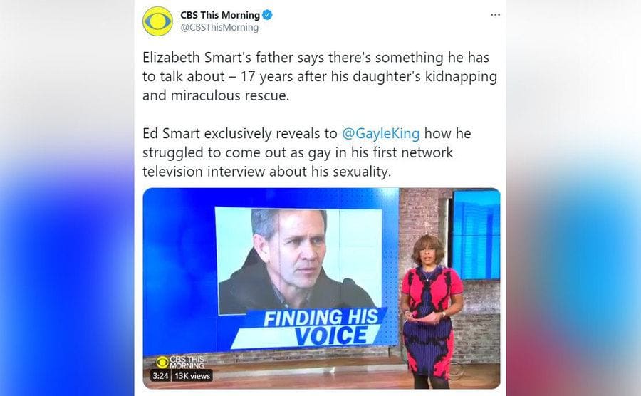 A tweet from CBS This Morning where they discuss Ed Smart’s interview about his struggles to come out as a gay man.