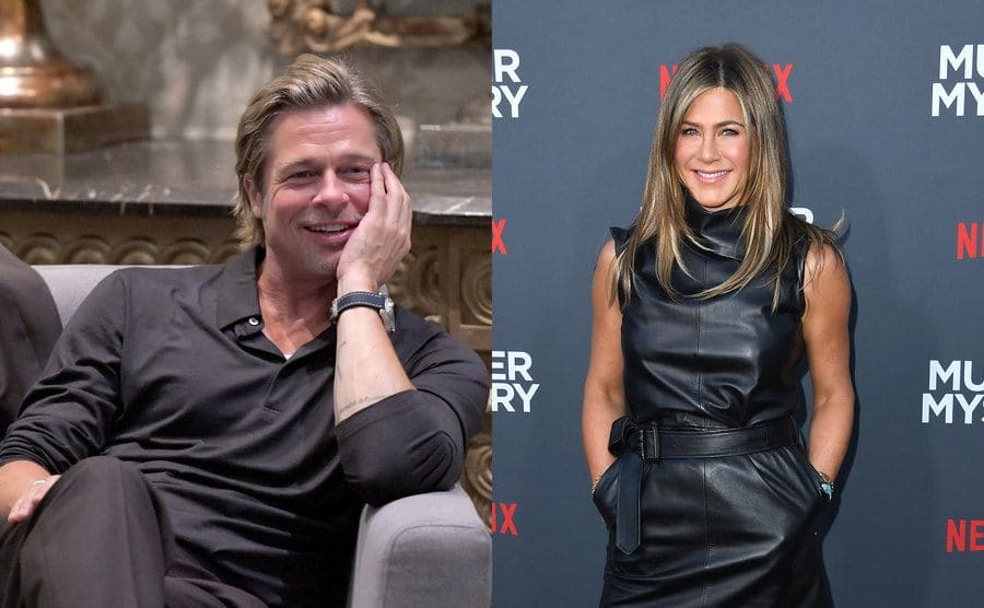Brad Pitt sitting in a chair smiling / Jennifer Aniston on the red carpet in 2019 