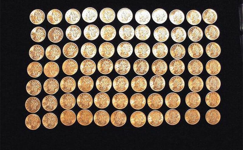 Gold coins found on the SS Central America, cleaned and polished. 