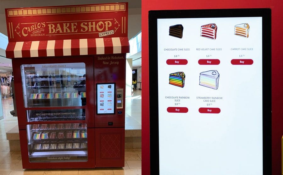 The Carlo’s Bake Shop vending machine filled with cake slices / The menu on the vending machine with five options remaining for the day 