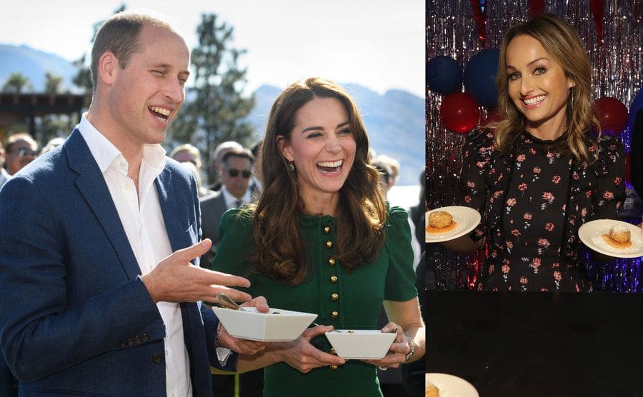 Prince William and Kate Middleton enjoying fancy food outdoors / Giada holding up plates of dessert 