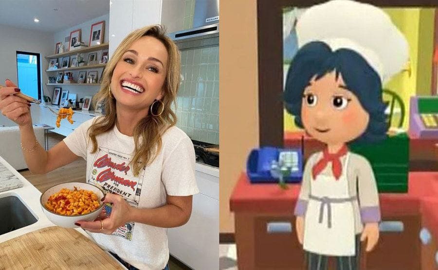 Giada holding up pasta on a fork / The cartoon character from Handy Manny 