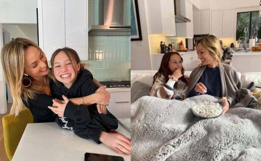 Giada hugging her daughter / Giada and her daughter eating popcorn under a fuzzy blanket 