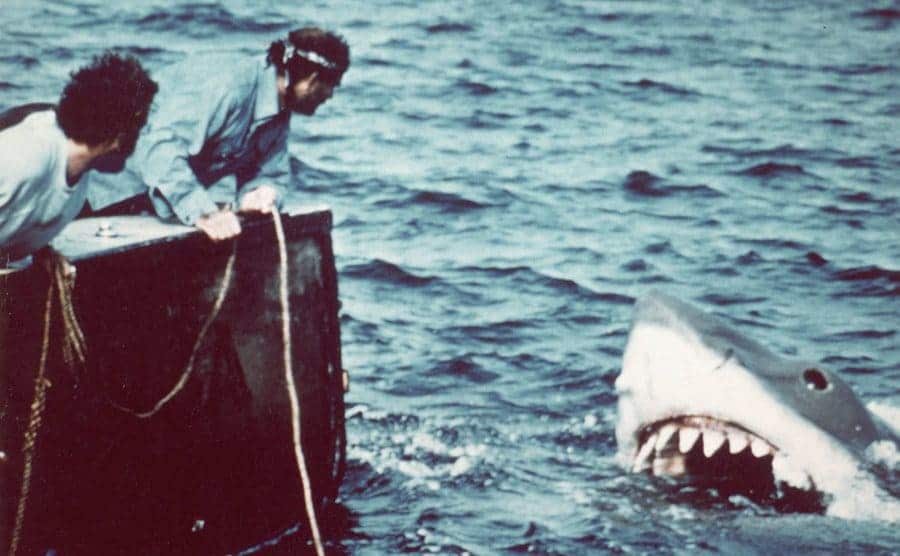 Richard Dreyfuss and Robert Shaw leaning over the boat looking at the mechanical shark 