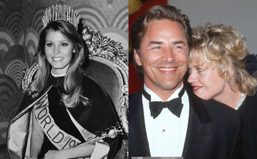 Marjorie Wallace wearing her crown sitting in a throne / Melanie Griffith and Don Johnson cuddling up for a photograph at an event