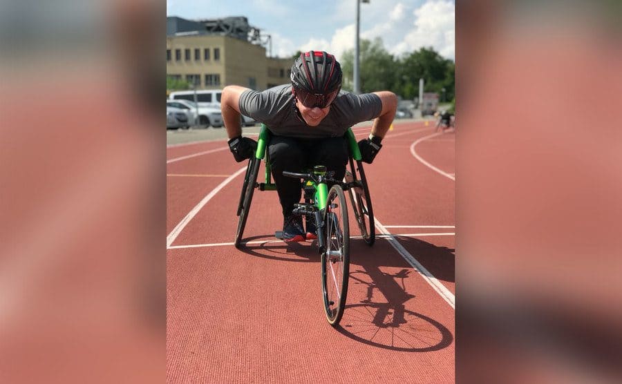 Martin Pistorius is on the track with his handcycle.