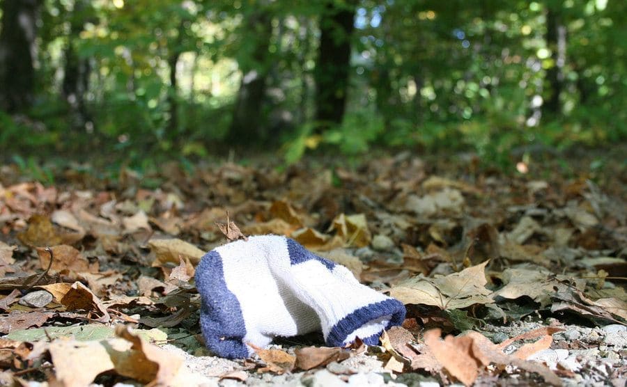 A single fallen sock on the ground of the woods. 