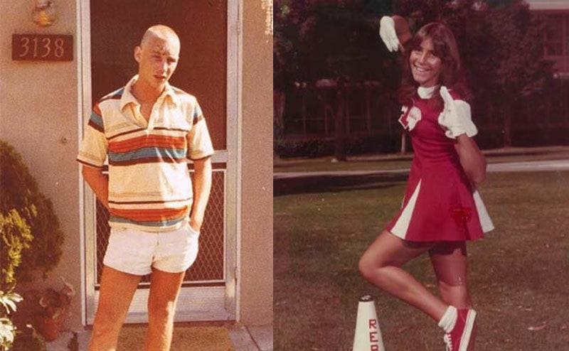 Jim Alt standing outside his house / Barbara Nantais in her cheerleading uniform.