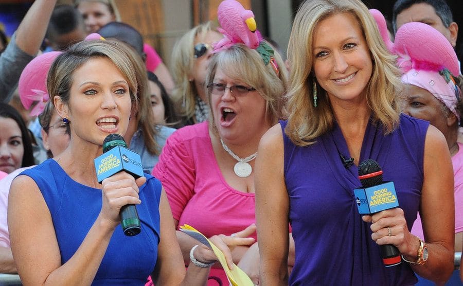 Amy Robach and Lara Spencer are hosting on the exterior Times Square set of Good Morning America. 