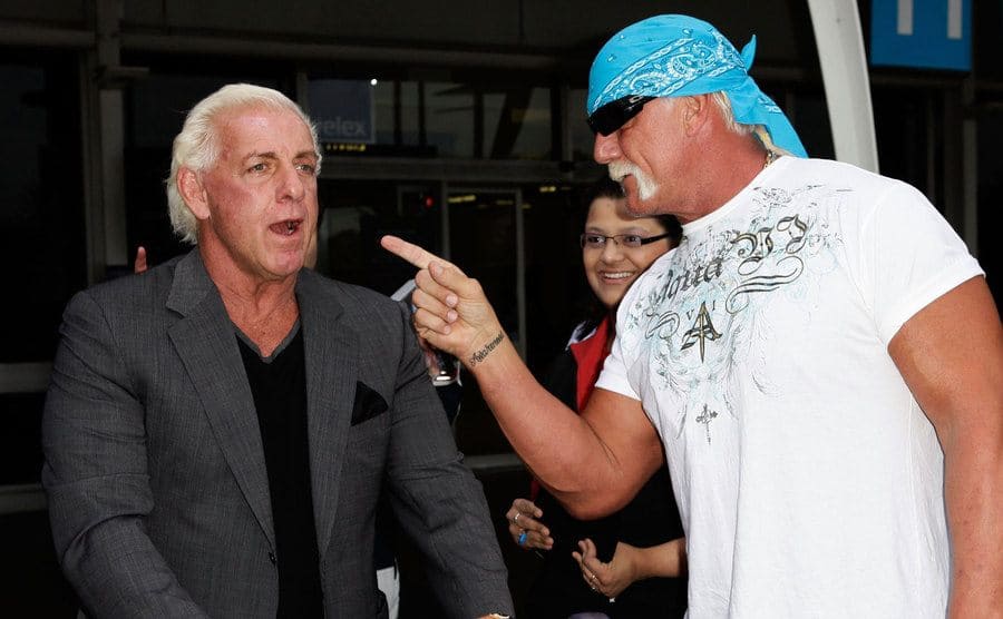 Terry Taylor is pointing his finder on Ric Flair at Sydney Airport.