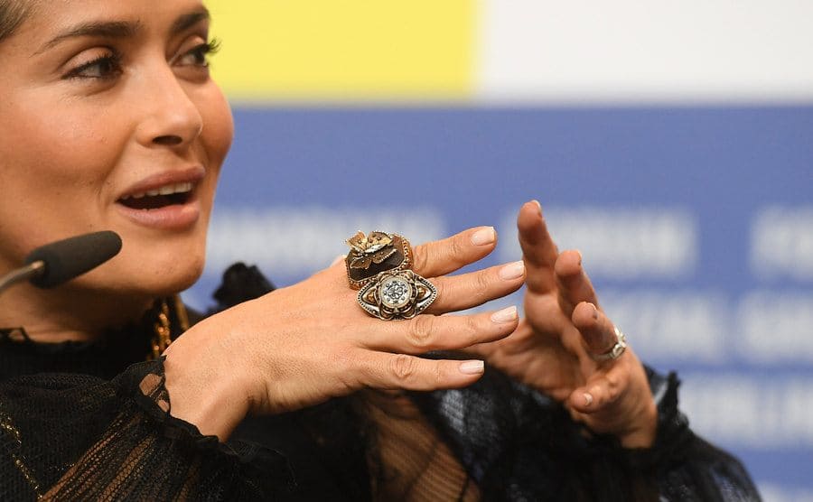 Salma Hayek speaks during a press conference.
