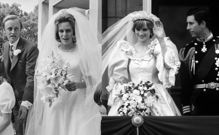 Camilla Shand marries Major Andrew Parker-Bowles / Prince Charles, and Princess Diana wave from the balcony on their wedding day. 