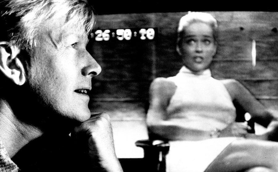 Censor for Channel Nine Richard Lyle watching Sharon Stone polemic scene from Basic Instinct. 