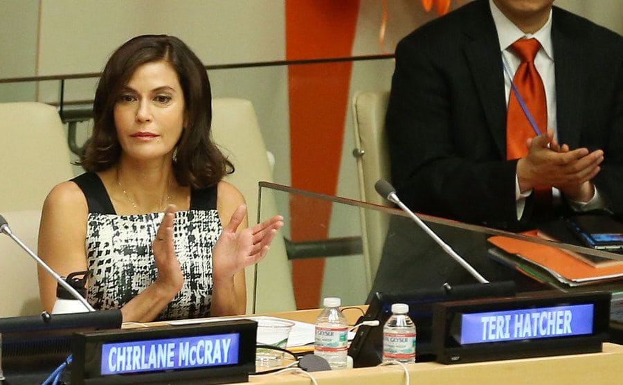 Teri Hatcher is clapping her hands during the United Nations Official Commemoration of the International Day For The Elimination Of Violence Against Women, circa 2014.