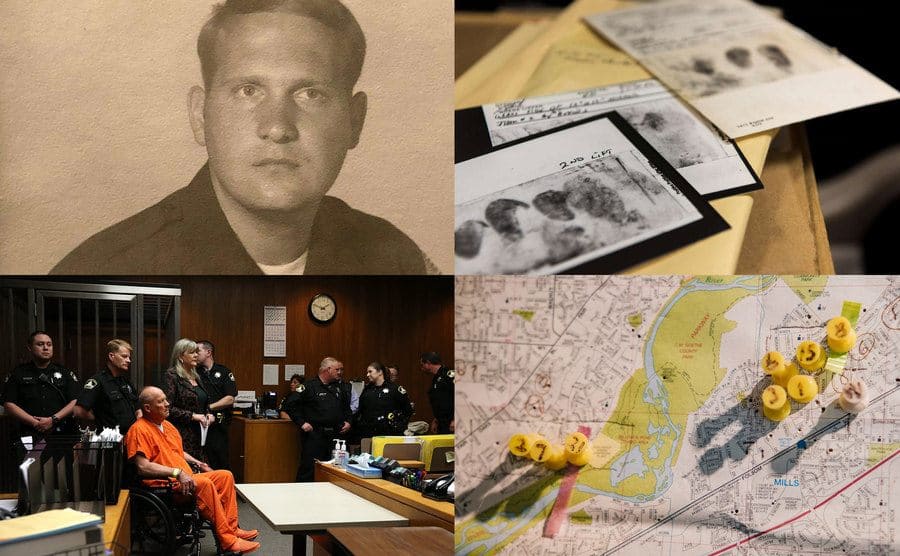 Joseph James DeAngelo / Fingerprint evidence / Joseph James DeAngelo and his Lawyer / Crime scenes pinned on a map. 