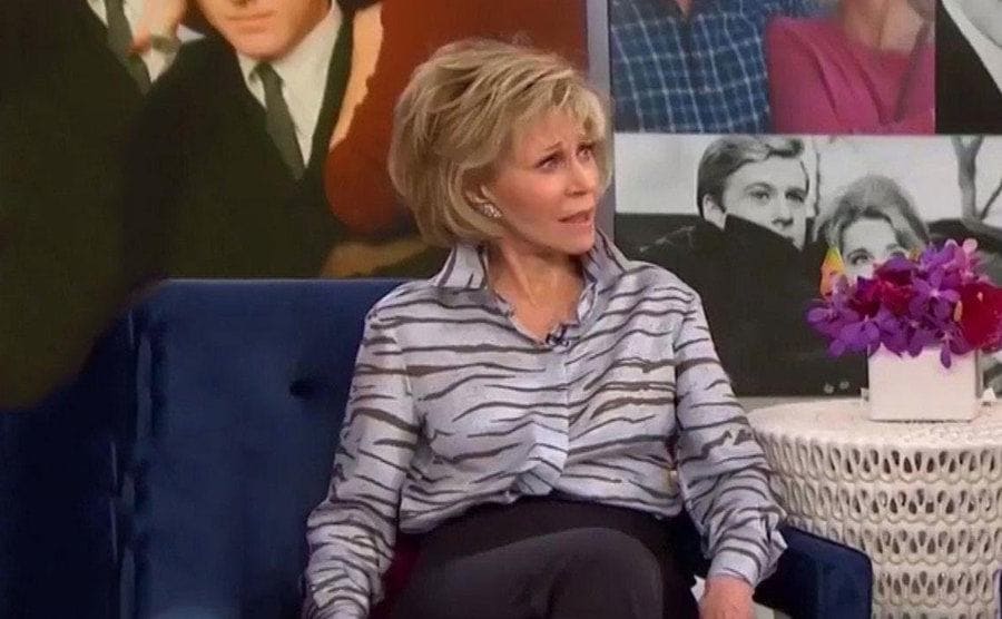 Close-up on Jane Fonda’s socked and disturbed expression while being interviewed by Megyn Kelly.
