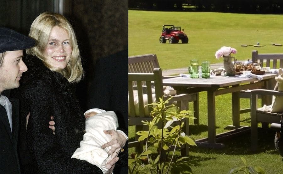 Claudia Schiffer holds her newborn baby Caspar next to Matthew Vaughn / The garden of Claudia Schiffer and Vaughn's English mansion. 
