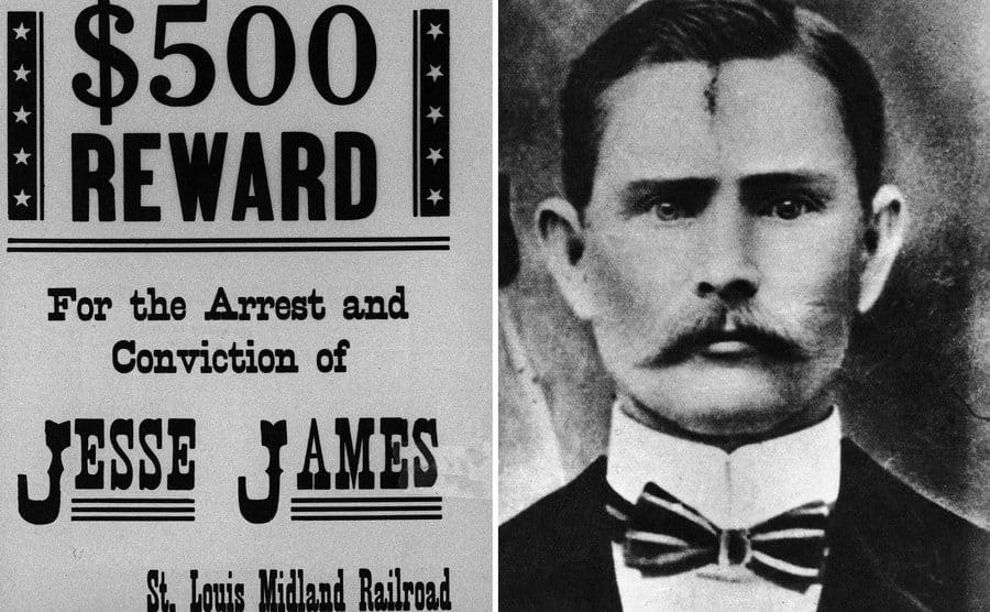 A 500 dollar reward poster for the arrest of outlaw Jesse James / A portrait of American outlaw Jesse James.