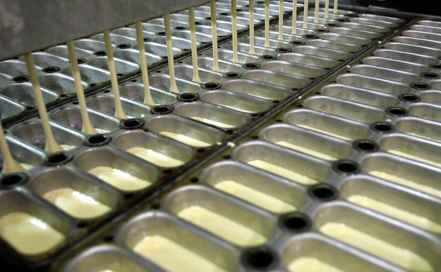 Hostess Twinkies move through production in their trays. 
