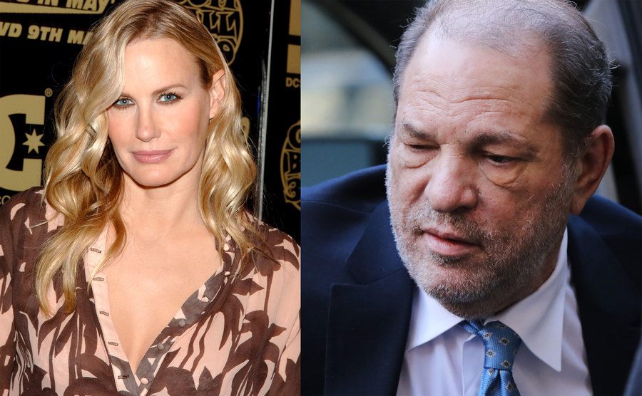 A portrait of Daryl Hannah / Harvey Weinstein enters the courthouse.