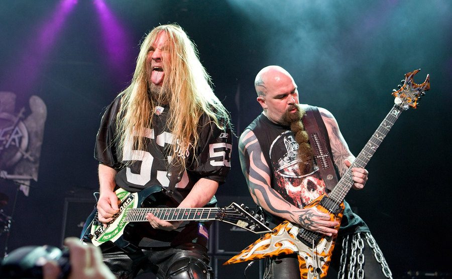 eff Hanneman and Kerry King of Slayer perform on stage.