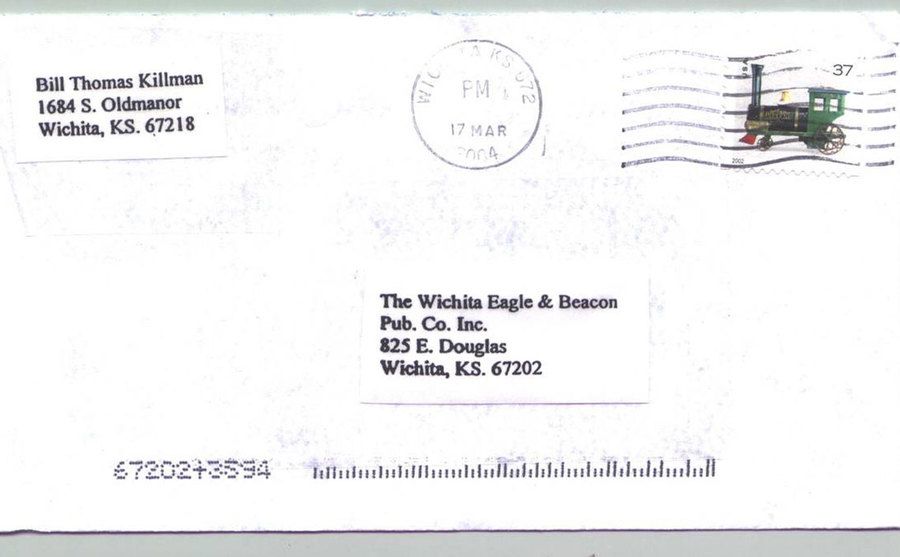 An envelope sent by Rader to The Wichita Eagle & Beacon. 
