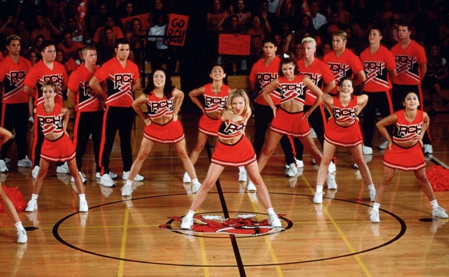 Kristin Dunst and her cheer squad perform in “Bring It On”.