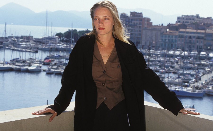 A portrait of Uma Thurman in Cannes.