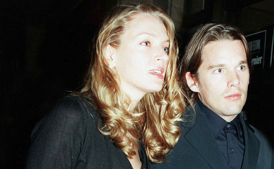 Uma Thurman and Ethan Hawke attend an event.