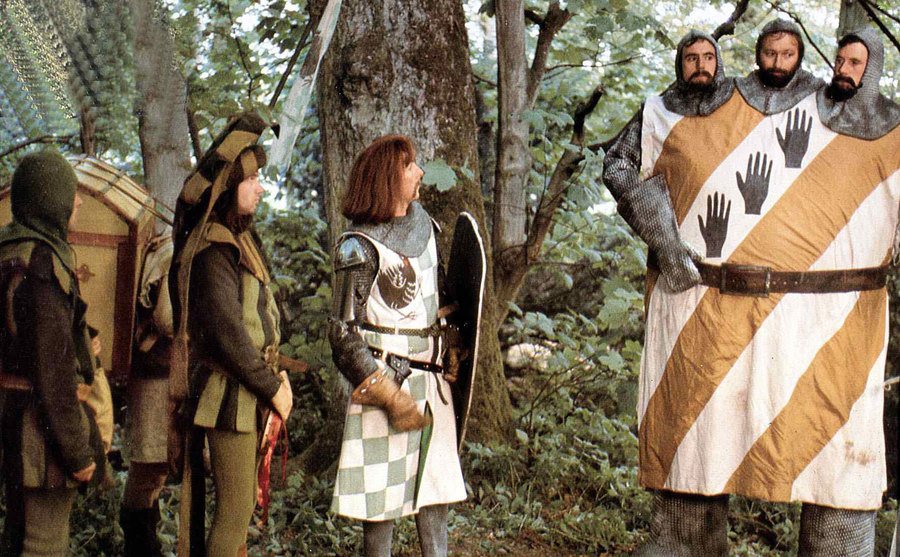 Neil Innes, Eric Idle, Terry Jones, Graham Chapman, and Michael Palin in a scene from the film. 